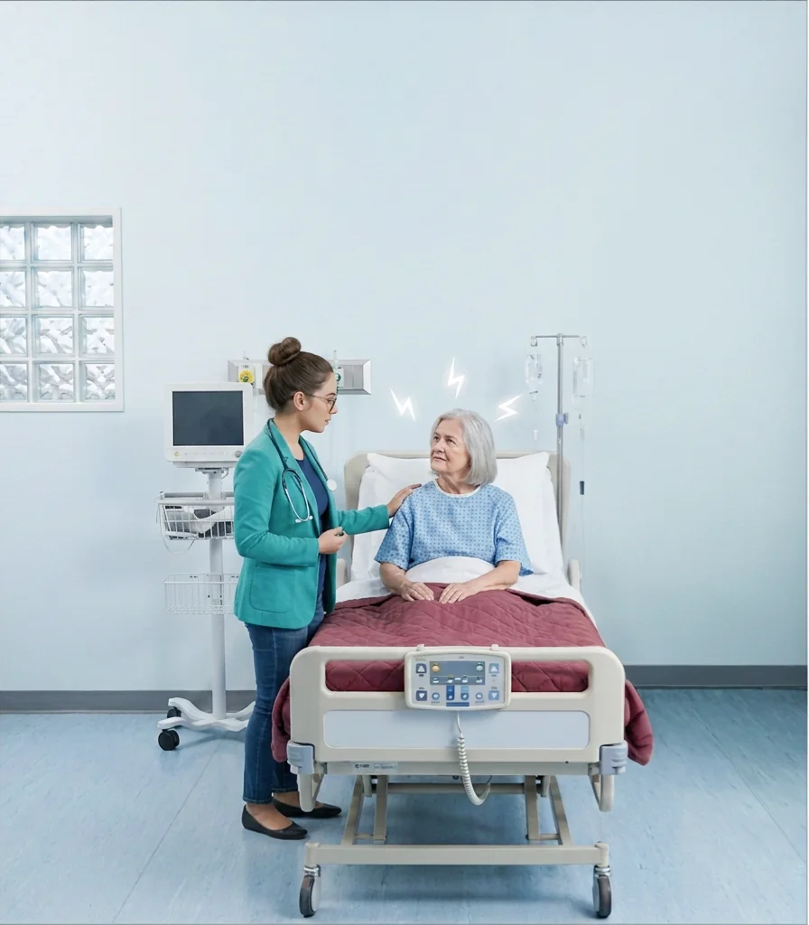 A clinician at the bedside of a hospital patient