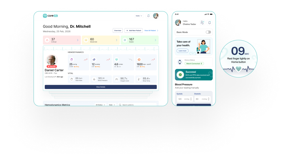 Coredio clinician dashboard, patient app, and reading timer