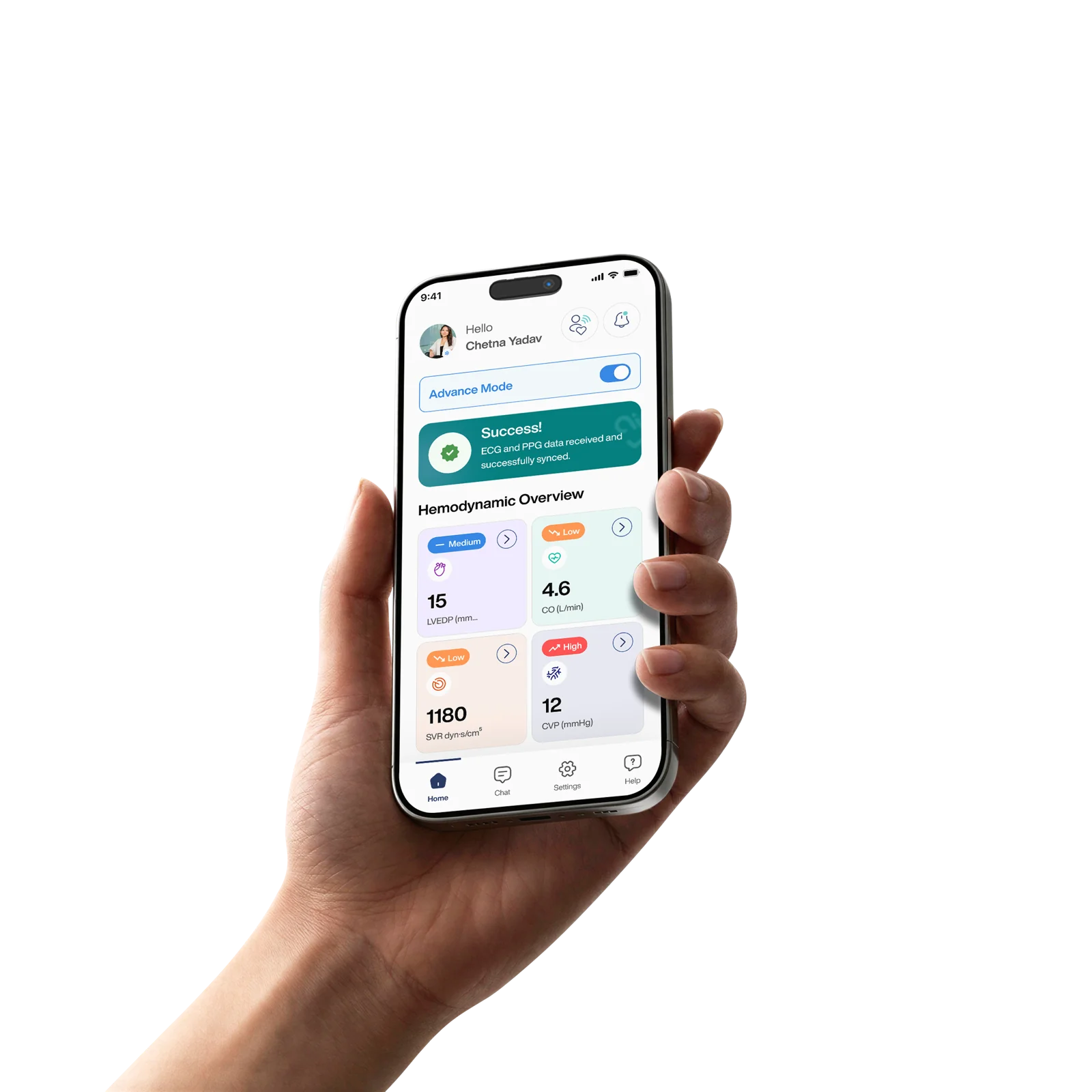 The Coredio app showing hemodynamic readings on a phone and smartwatch