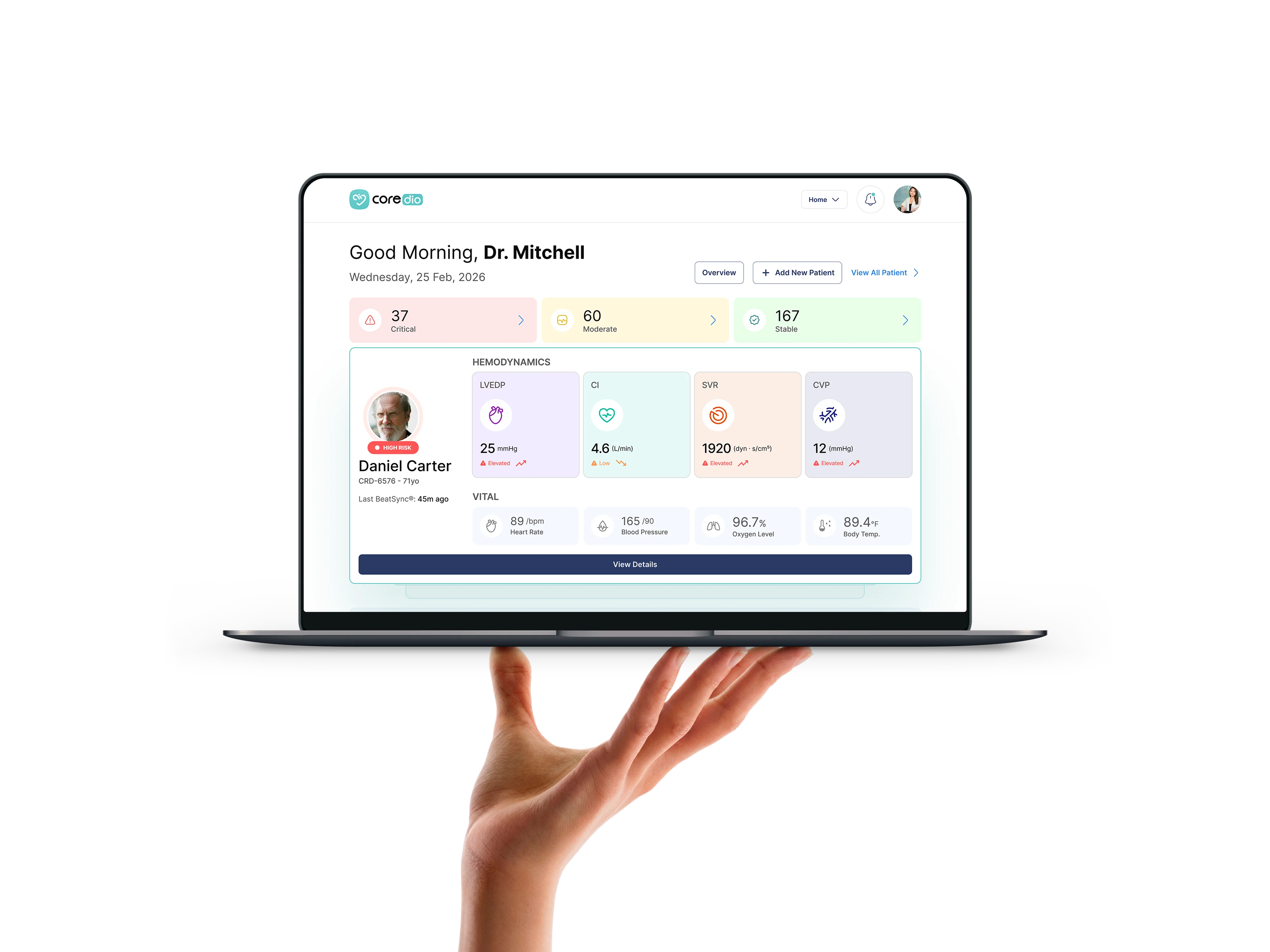 The Coredio clinician dashboard on a laptop
